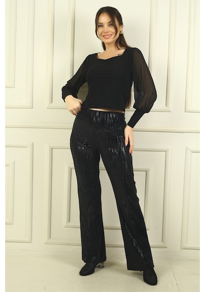 By Saygı Kadın Beli Lastikli Zigzag Desenli Likralı Pantolon Siyah