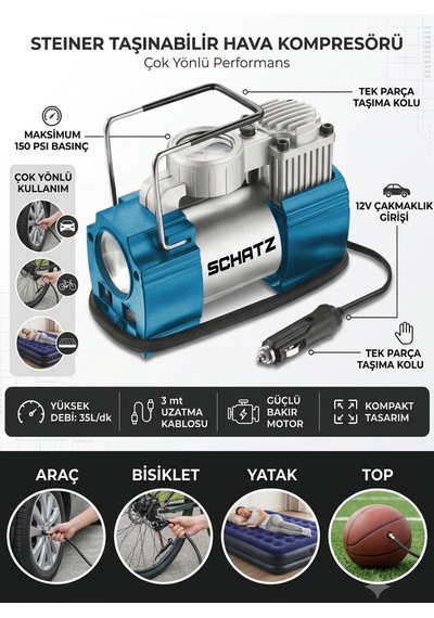 Schatz 12v 150 Psi Işıklı Bakır Sargılı Çakmaklık Girişli Mini Hava Kompresörü 35l Mavi
