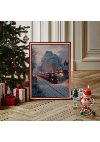 Vintage Noel Duvar Sanatı, Kış Buharlı Tren Tatil Posteri