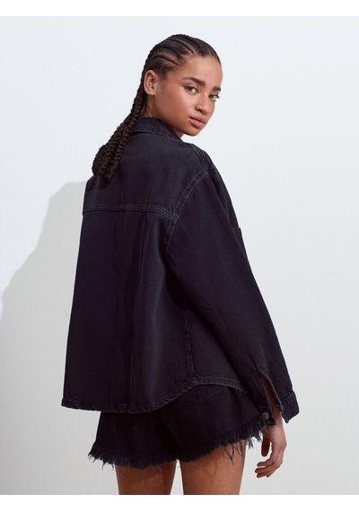 Dilvin 50749 Ön Bölümü Dikişli Oversize Denim Gömlek-siyah Siyah