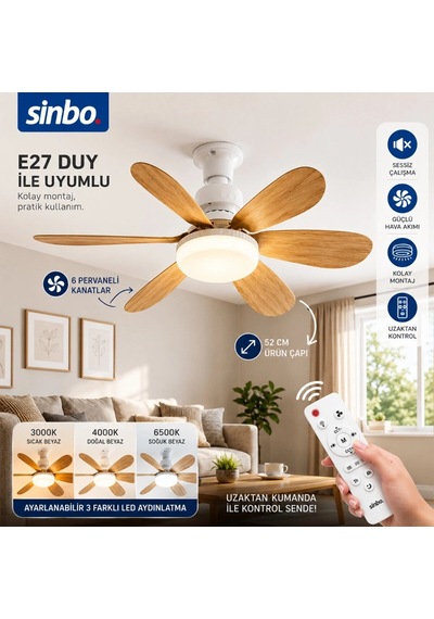 Tavan Vantilatörü Ve Led Avize - Uzaktan Kumandalı - 6 Kanatlı - 52 Cm Çok Renkli