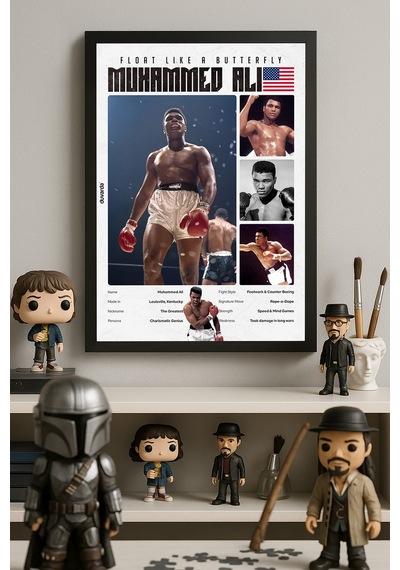 Muhammed Ali Boks Siyah Ahşap Çerçeveli Poster, Dekoratif Dövüş Duvar Tablosu