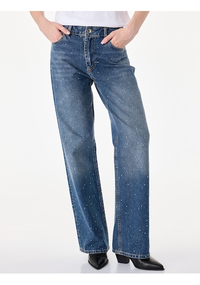 Koton Taş Detaylı Yüksek Bel Düz Paça Denim Pantolon- Straight Jeans Orta İndigo 7wal40097md Koton Taş Detaylı Yüksek Bel Düz Paça Denim Pantolon- Straight Jeans Orta İndigo 7wal40097md
