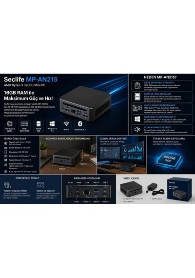 Seclife MP-AN215 R3-3200U 16 GB 500 GB SSD W11H Mini Pc