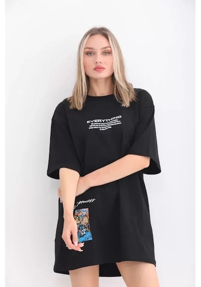 Unisex Bisiklet Yaka Baskılı Oversize T-shirt - Siyah Siyah