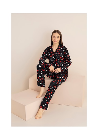Rindahomewear Kadın Siyah Yıldız Desenli Yumuşak Dokulu Süet Düğmeli Pijama Takımı Siyah Yıldız