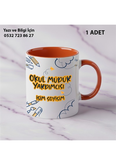 Okul Müdür Yardımcısı Öğretmenler Günü İçin Kişiye Özel İsim Baskılı Kupa Bardak Öğretmene Hediyelik Turuncu