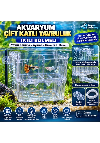 Akvaryum Çift Katlı Yavruluk - İkili Hazne - Hava Asansörlü - Şelale Filtreli - 14x14x8 Cm - Balıklar İçin Güvenli