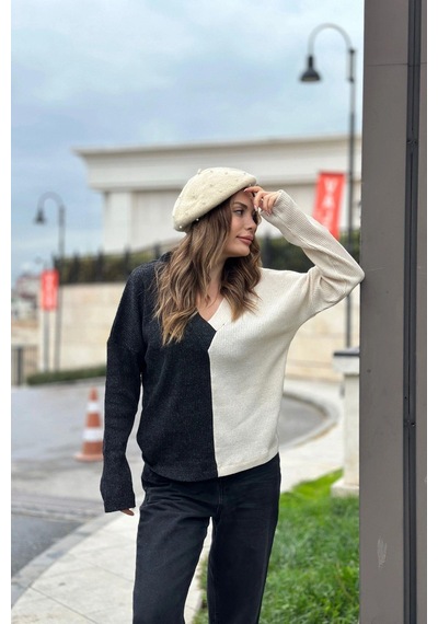 WeShaya Kadın Antrasit & Vizon Günlük Stil V Yaka Bloklu Uzun Kol Kazak Bluz Sweatshirt Antrasit