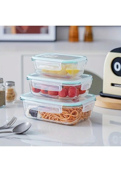 3 Lü Set 1040ml-700ml-410ml Bor Cam Kilitli Vakumlu Dikdörtgen Hava Geçirmez Kapaklı Saklama Kabı Turkuaz
