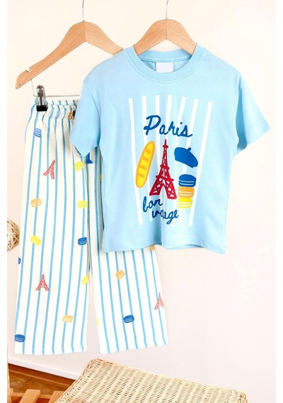 Monila Erkek Çocuk Pamuklu Mavi Paris Baskılı T-shirt Ve Çizgili Pantolon Alt Üst Takım
