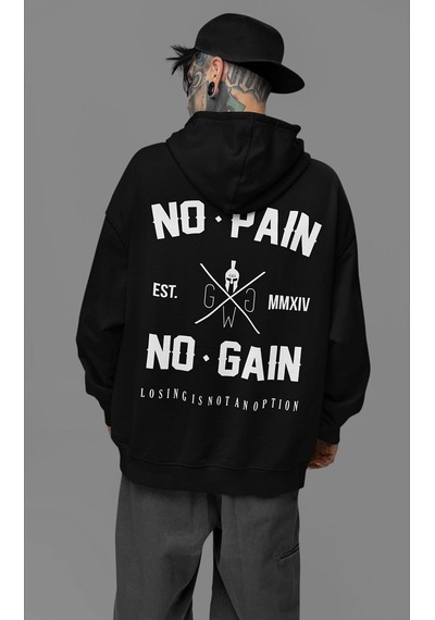 Sevbano No Pain No Gain Baskılı Unisex Oversize Fitness Gym Hoodie Siyah