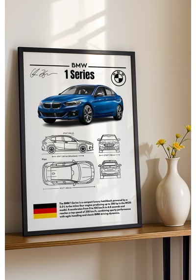 Bmw 1 Serisi Tablo - Teknik Özellikli Alman Spor Hatchback Poster - Çerçeve Duvar Dekoru - Blueprint Siyah