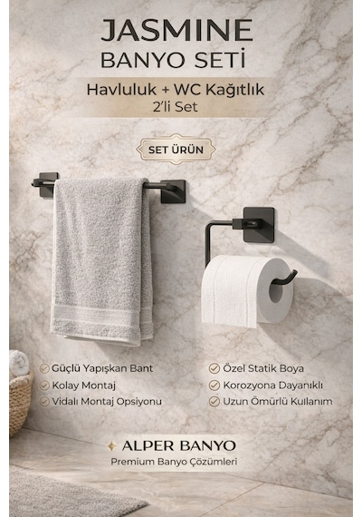 Alper Banyo Jasmin 2'Li Siyah Kare Yapışkanlı Banyo Seti Kağıtlık, Uzun Havluluk Hem Yapışkanlı Hem Montajlı