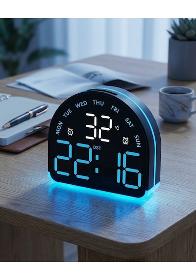 Led Dijital Alarm Saati Sıcaklık Tarih Gün Göstergeli Ortam Aydınlatmalı Çift Ekranlı Masa Saati Gece Lambası Usb Ve Pil Mor