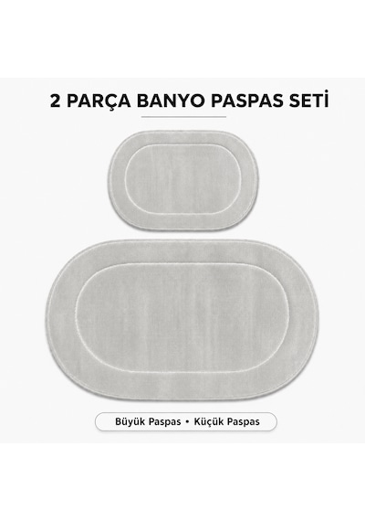 Rixos 2'li Banyo Halısı Paspası Seti Kaymaz Tabanlı Klozet Takımı Açık Gri