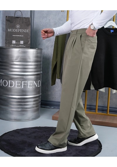 Modefendi Baggy Kesim Pile Detaylı Kumaş Pantolon Haki