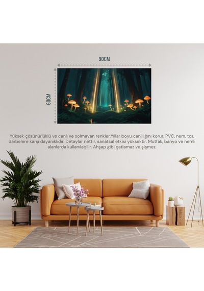 Doğa Ve Manzara Yatay Parlayan Mantarlar Ve Büyülü Işık Huzmeleri Mistik Orman 02 Çerçevesiz 90x60cm Pvc Tablo
