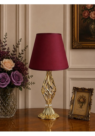 Bordo Kumaş Başlık Gold Burgu Ayaklı Modern Abajur 50x25 Cm