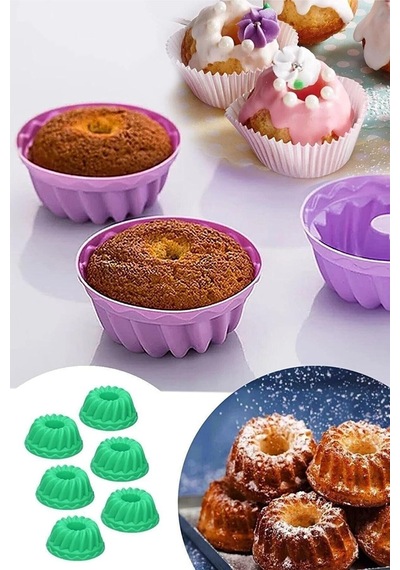 Mavi 6'lı Silikon Mini Kek Kalıbı - Muffin Kalıbı 6 Adet Göbekli Kek Kalıbı Silikon Mavi Diğer