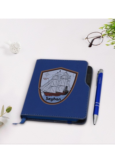 Kişiye Özel Gemi Tasarımlı Lacivert Termo Deri Defter Kalem Seti- N11.2120