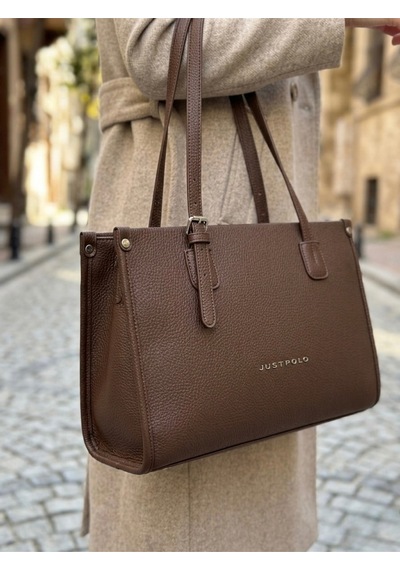 Just Polo Kadın Yeni Sezon Yumuşak Deri Büyük Boy Fermuarlı Lüks Tasarım El Çantası Shopper Kahverengi