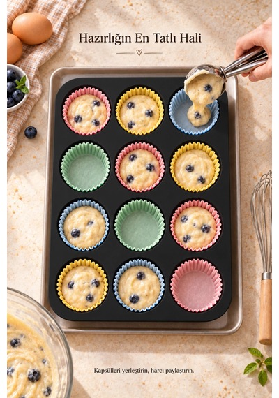 Tilbe Home Tilbe Home 12'li Silikon Muffin Kalıbı Yapışmaz Cupcake Kek Kapsül Brownie Mutfak Fırın T Siyah
