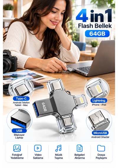 4 Farklı Bağlantı Noktasıyla Telefon Ve Bilgisayar Arasında Kolay Veri Aktarımı Sağlayan 64gb Flash Bellek