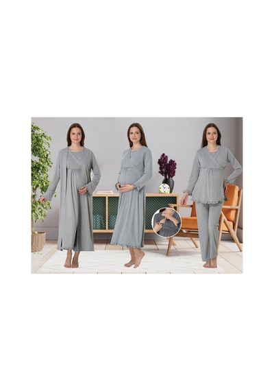 Effortt Dvina Lohusa 4'lü Set - Sabahlık/pijama Takımı/gecelik Gri - 4046 Gri