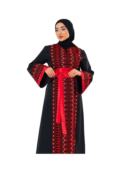 Zaytoon Uzun Kollu Tek Taraflı Nakışlı Kırmızı Kemerli Filistin Elbise C100057 Kırmızı