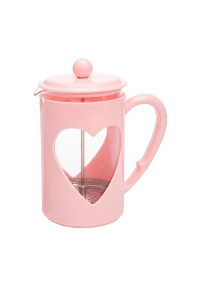Kalp Tasarımlı French Press 1 L, Cam, Paslanmaz Filtreli, Isıya Dayanıklı Pembe