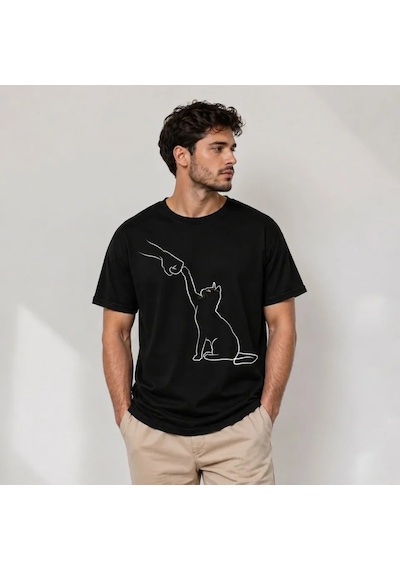 Defymoda Erkek Minimal Kedi Çizim Baskılı Tişört Kısa Kol Yazlık T-shirt - Siyah