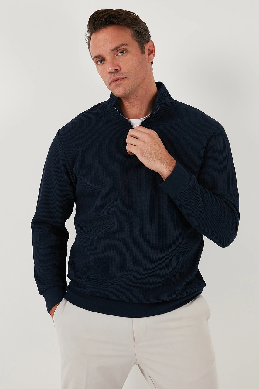 Buratti Pamuklu Regular Fit Yarım Fermuarlı Dik Yaka 2'Li Paket Erkek Sweat 5905716S2 Koyu Lacivert-Siyah