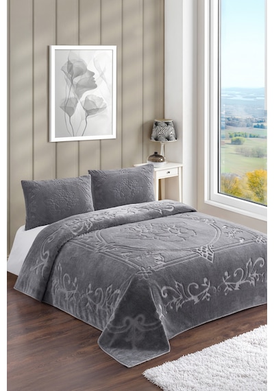 Gri Gül Bohem Yatak Örtüsü 220 X 230 Çift Kişilik Peluş Yumuşak Welsoft 2 Adet Yastık Kılıfı Gri - Gül
