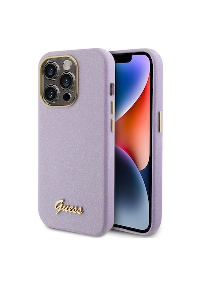 Apple Uyumlu iPhone 15 Pro Max Kılıf Guess Lisanslı Yazı Logolu Glitter Glossy Script Kapak Lila