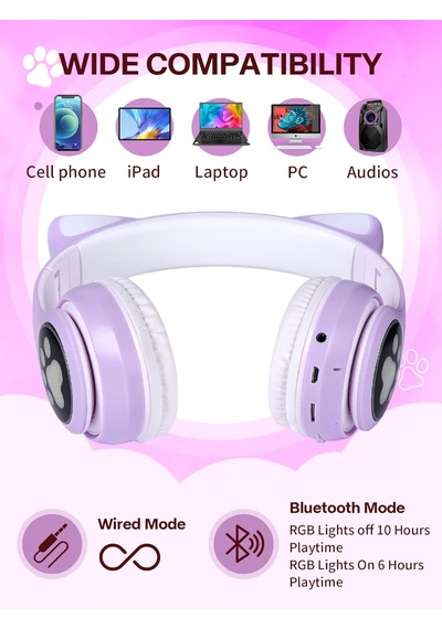 Qasul STN28 Kedi Kulak Kulaklık Yeni Sevimli Moda Bluetooth 5.0 Kulak Üstü Kulaklık