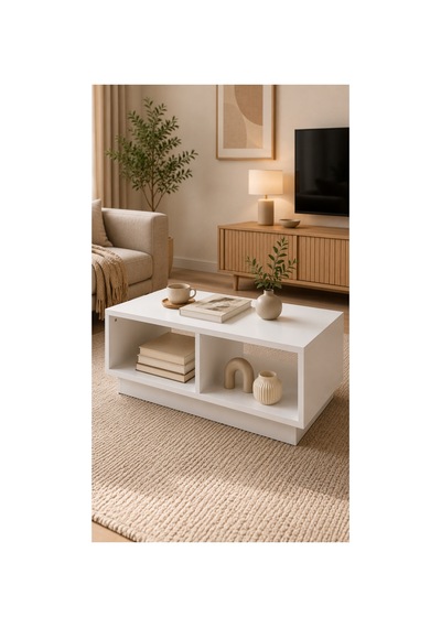 Modern Beyaz Orta Sehpa Açık Raflı Çok Amaçlı Salon Sehpası 90x45x30 Cm Beyaz Beyaz