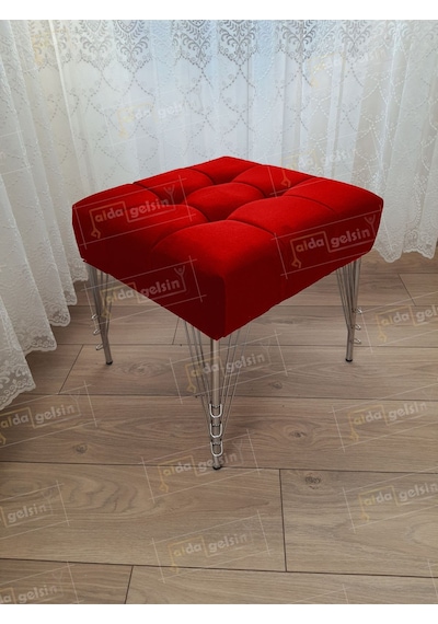 Modern Dilim Puf Ayakucu Puf Gümüş Metal Ayak 45 45 Kırmızı