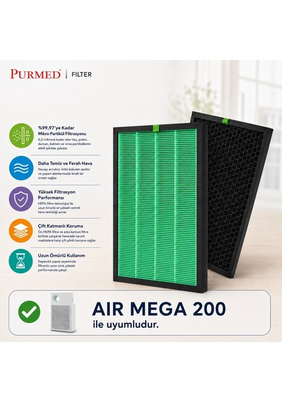 Purmed Coway AP-1018F & AIRMEGA 200 Hava Temizleyici Uyumlu Hepa + Petek Karbon Filtre Seti