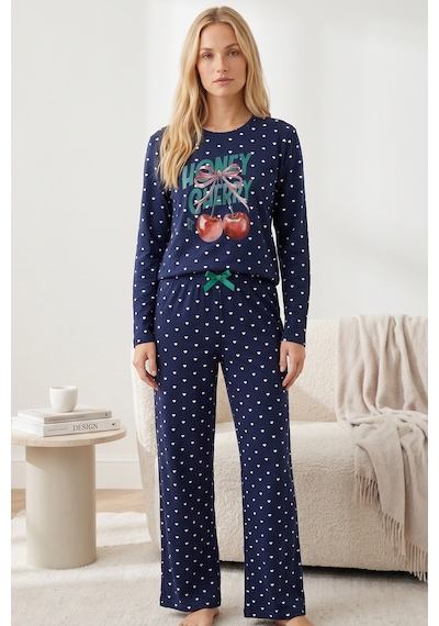 Siyah İnci Pamuklu Likralı Örme Pijama Takım26240308 Lacivert