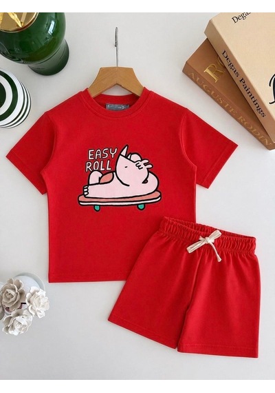 Magu Erkek Çocuk Pamuklu Gergedan Baskılı Kırmızı T-shirt Şort Takım