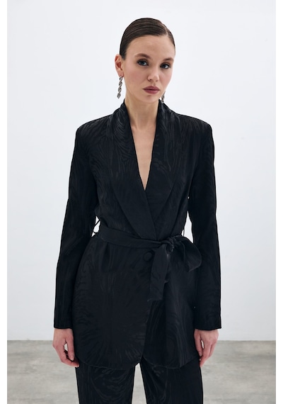 Sateen Kuşaklı Desenli Uzun Ceket - Siyah-135672 Siyah