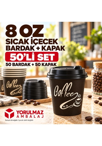 8 Oz Kapaklı Karton Bardak 50 Adet Sıcak İçecek Uyumlu Tek Kullanımlık Kağıt Bardak 40