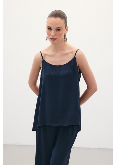 Sateen Askılı Saten Bluz - Lacivert-136351 Lacivert
