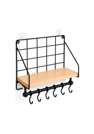 Duvara Asılabilir Yapışkanlı Raf Ve 6 Kancalı Organizer, Ahşap Raflı Metal Mutfak Düzenleyici, Delmeden Monte Edilebilir Askılı Duvar Rafı, Baharatlık, Havluluk, Bardaklık 50 x 22