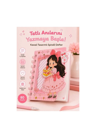 Sevimli Kız Figürlü Pembe Spiralli Mini Defter Çizgili Not Defteri Pembe Pembe