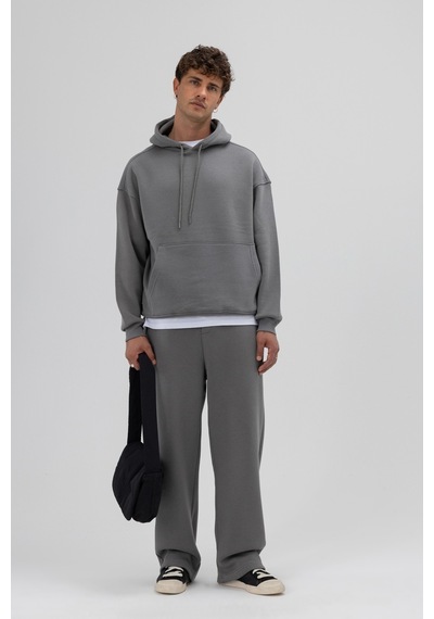 Vamos Basic Oversize Kapüşonlu Sweatshirt Füme