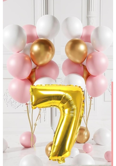 7 Yaş Retro Gold Pembe Beyaz Balon Seti Gold Rakamlı Doğum Günü Balonu Şık Parti Süsleme Çok Renkli