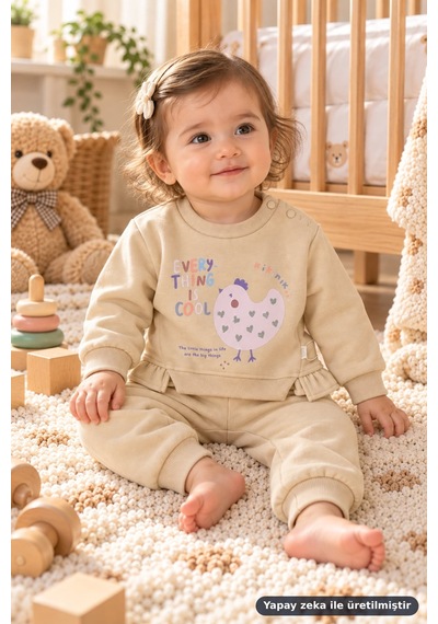 Ferasty İstanbul Unisex Bebek 2'li Takım Tavuk Baskılı Every Thing Is Cool Bej