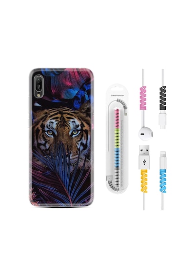 Huawei Y6 2019 Kılıf Kablo Koruyuculu Flowers Tiger 1319